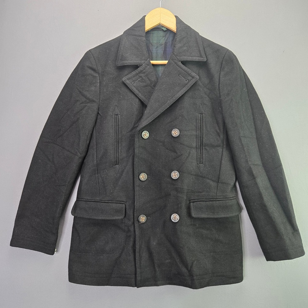 Lauren Ralph Lauren Pea Coat Wool Blend Black Watch Plaid L Black Peacoat